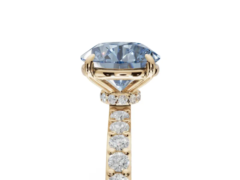 Round Hidden Halo Engagement Ring Setting for a Fancy Blue Lab-Grown Diamond | Pavé Band | Yellow Gold