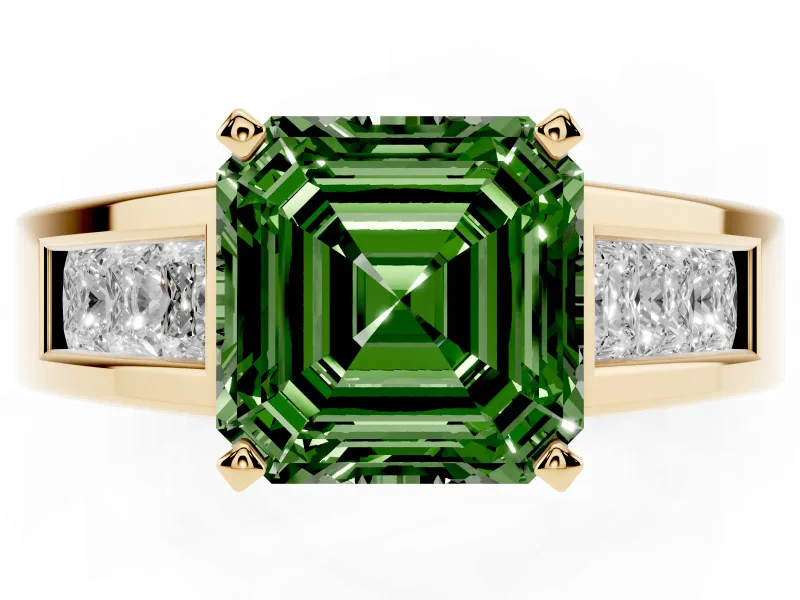 Fancy Green Asscher Cut Diamond Solitaire Ring Set in Yellow gold with Channel-Set Accent Stones and Prong Setting