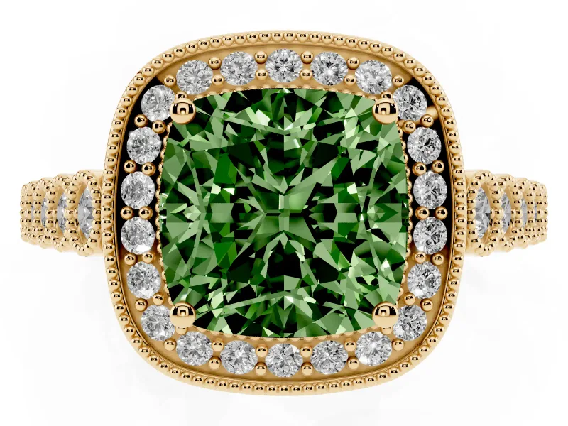 Cushion Cut Graduated Milgrain Halo Engagement Ring Setting for a Fancy Green Lab-Grown Diamond | Yellow Gold