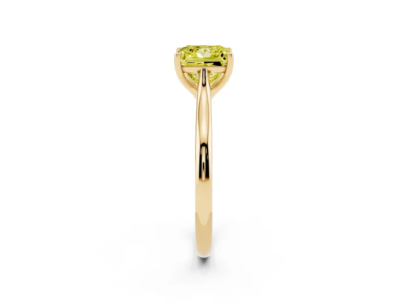 Fancy Yellow Princess Cut Diamond Solitaire Ring Set in Yellow gold with Cathedral Band and Prong Setting
