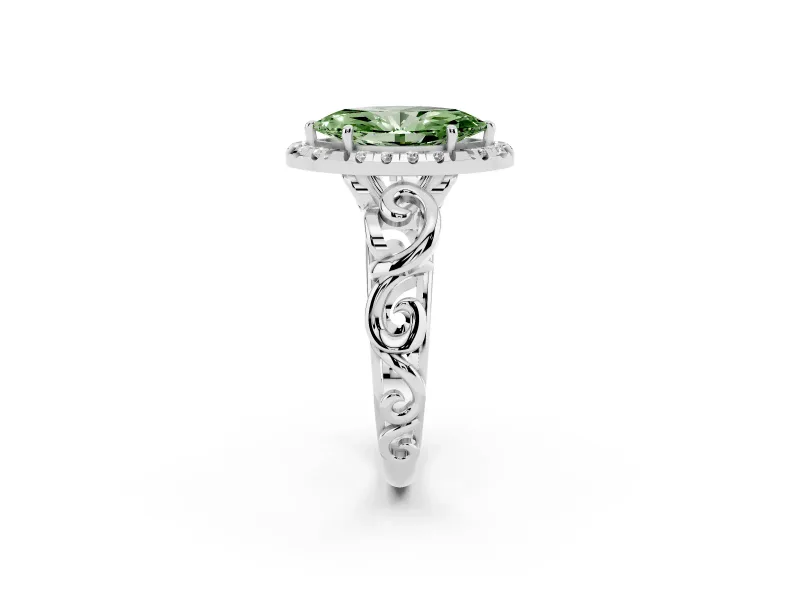Fancy Green Marquise Cut Diamond Halo Ring Set in White gold with Scrollwork Band and Prong Setting