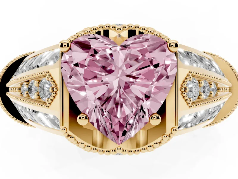 Fancy Pink Heart Cut Diamond Vintage-Inspired Milgrain Ring Set in Yellow gold with Accent Split Shank