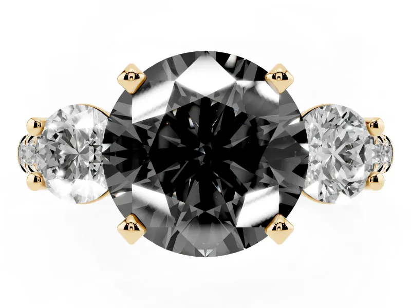 Fancy Black Three-Stone Round Cut Diamond Pavé Band Ring Set in Yellow gold with Prong-Set Trio