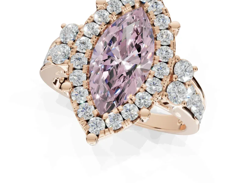Marquise Halo Engagement Ring Setting for a Fancy Pink Lab-Grown Diamond | Side Clusters | Rose Gold
