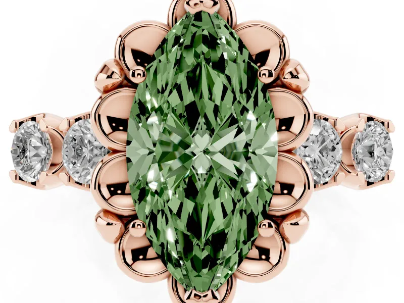 Marquise Floral Engagement Ring Setting for a Fancy Green Lab-Grown Diamond | Petal Frame and Side Stones | Rose Gold