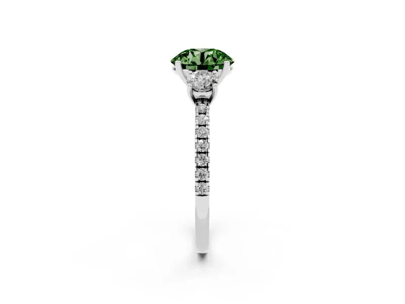 Fancy Green Round Cut Diamond Three-Stone Ring Set in Silver with Pavé Band and Graduated Sides