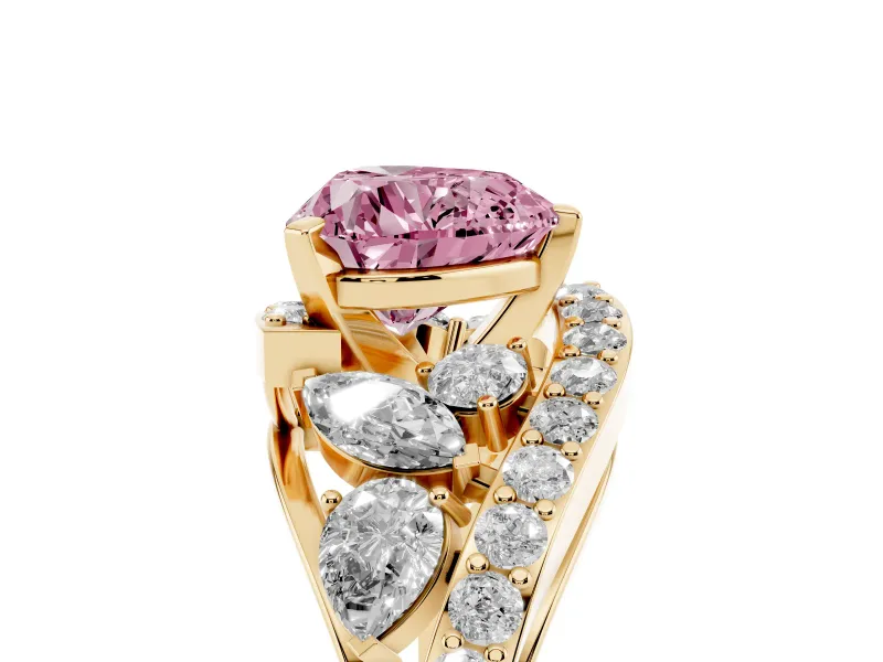 Fancy Pink Heart Cut Diamond Halo Ring Set in Yellow gold with Marquise and Pavé Band in Prong Setting