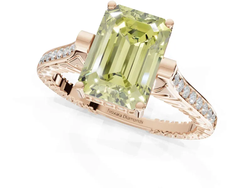 Emerald Cut Vintage Cathedral Engagement Ring Setting for a Fancy Yellow Lab-Grown Diamond | Carved Band | Rose Gold