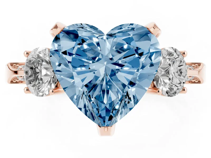 Heart-Shaped Hidden Halo Three Stone Engagement Ring Setting for a Fancy Blue Lab-Grown Diamond | Rose Gold