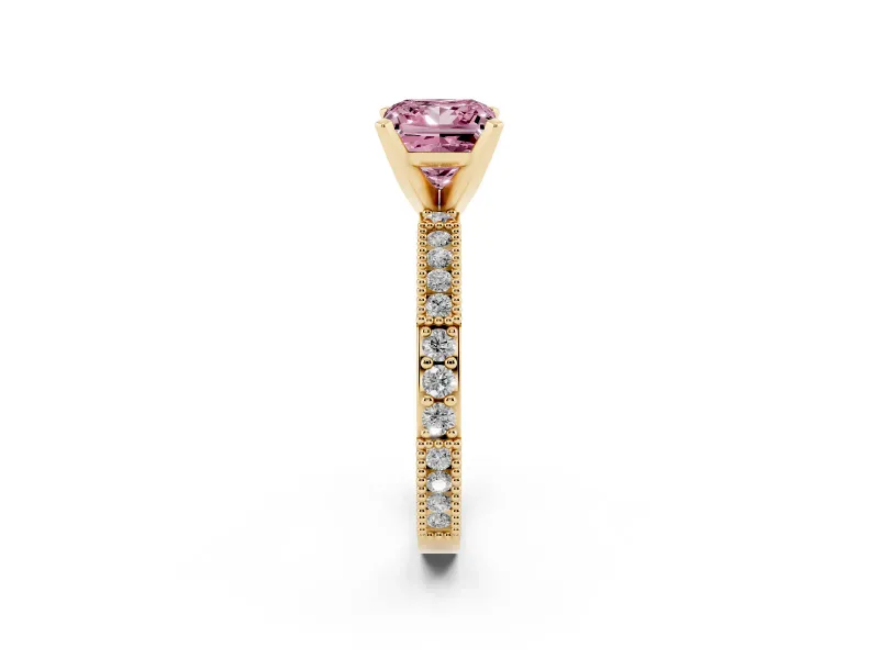 Princess Cut Vintage Pavé Engagement Ring Setting for a Fancy Pink Lab-Grown Diamond | Yellow Gold