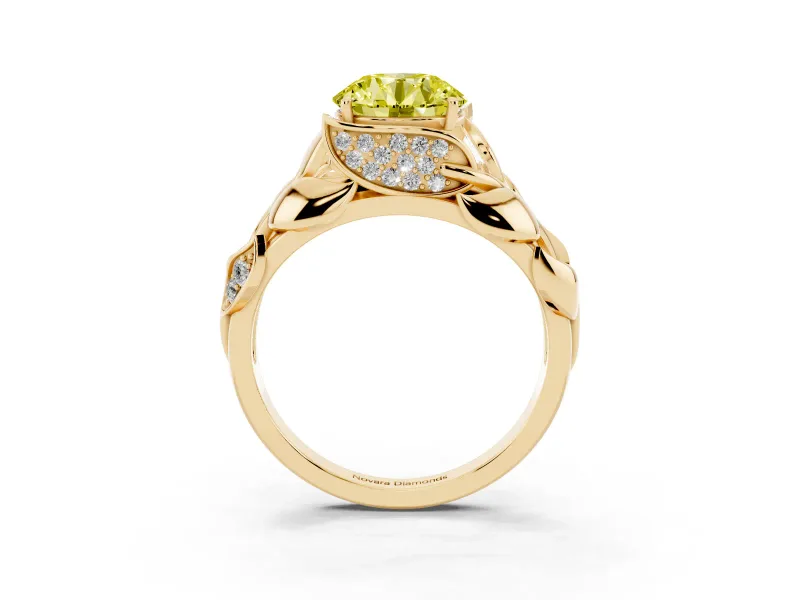 Fancy Yellow Round Cut Diamond Leaf-Inspired Engagement Ring Set in Yellow gold with Round Accents