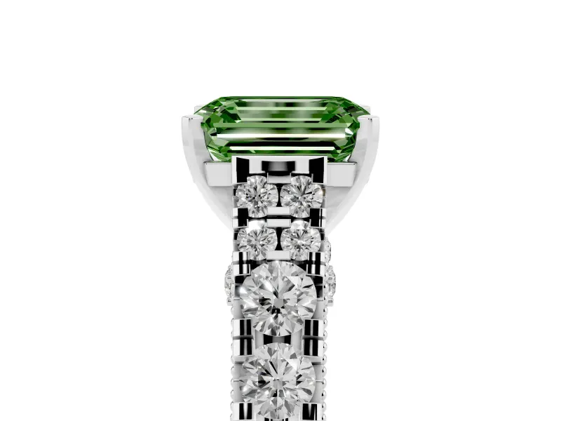 Fancy Green Emerald Cut Diamond Classic Solitaire Ring Set in Platinum with Pavé Band and Prong Setting
