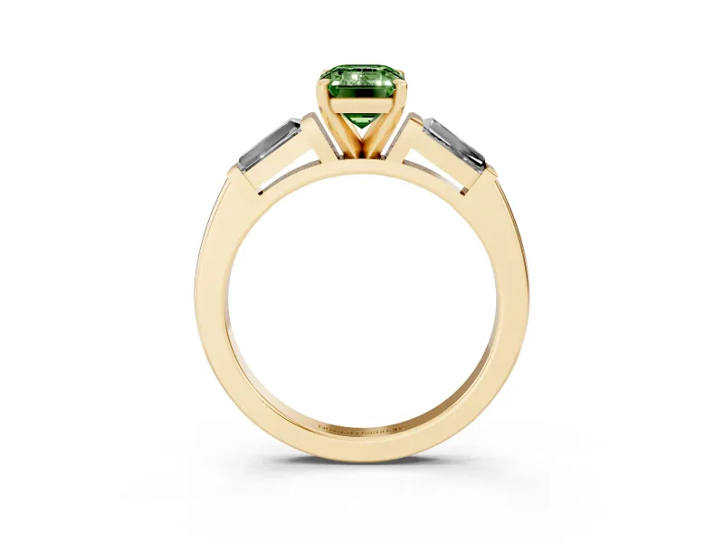 Fancy Green Emerald Cut Diamond Solitaire Ring Set in Yellow gold with Tapered Baguette Side Stones and Prong Setting