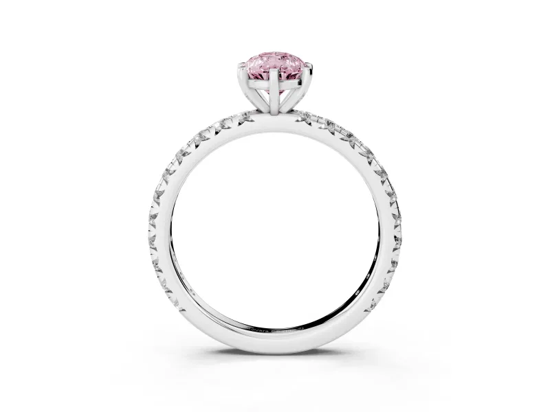 Fancy Pink Pear Cut Diamond Pavé Solitaire Ring Set in Platinum with Round Band and Prong Setting