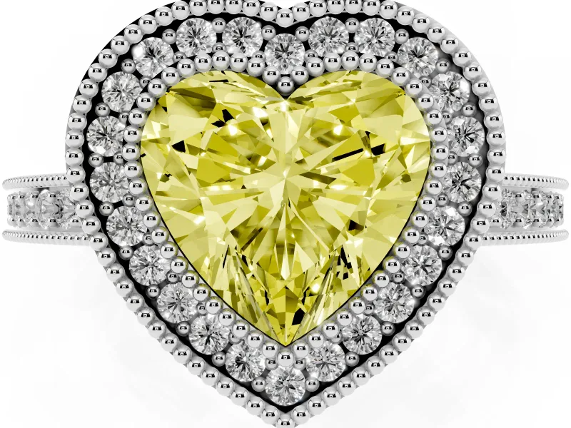 Fancy Yellow Heart Cut Diamond Round Halo Ring Set in Silver with Pavé Band