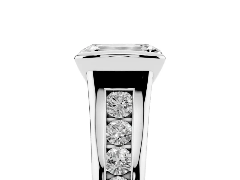 Emerald Cut Diamond Bezel-Set Solitaire Ring Set in White gold with Channel-Set Band