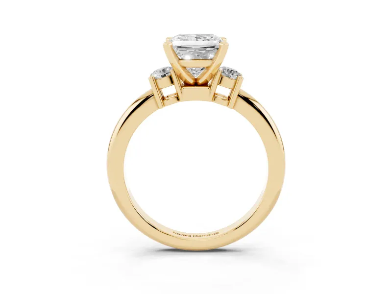 Three-Stone Princess Cut Diamond Ring Set in Yellow gold with Prong Setting and Plain Band