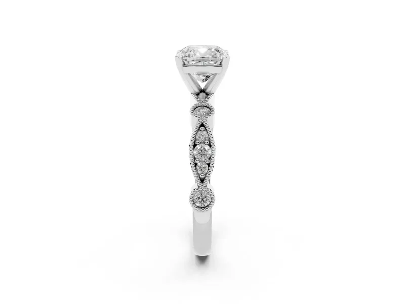 Cushion Cut Diamond Solitaire Engagement Ring Set in Silver with Milgrain Bezel Accent Band