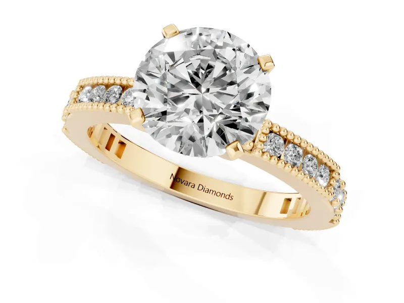 Round Vintage Pavé Solitaire Engagement Ring Setting | Milgrain Edges | Yellow Gold