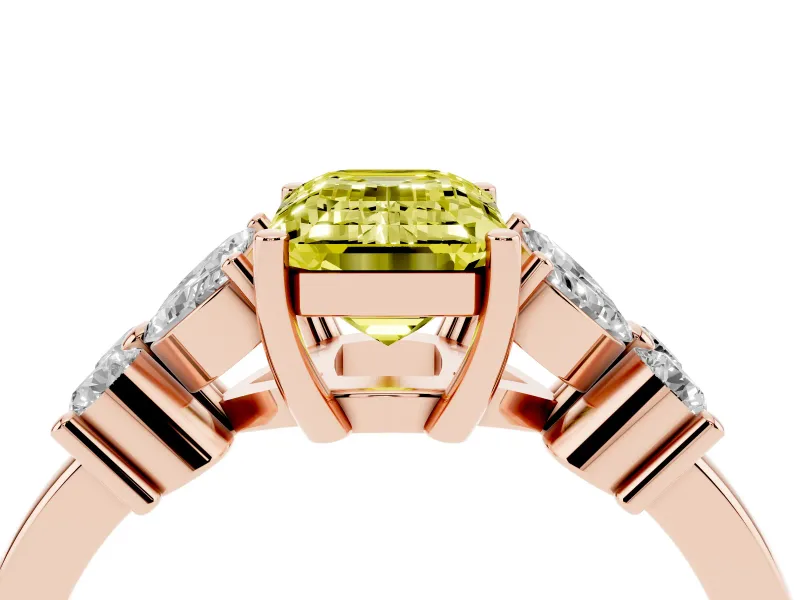 Fancy Yellow Emerald Cut Diamond Floral Cluster Ring Set in Rose gold with Marquise Petals and Prong Setting