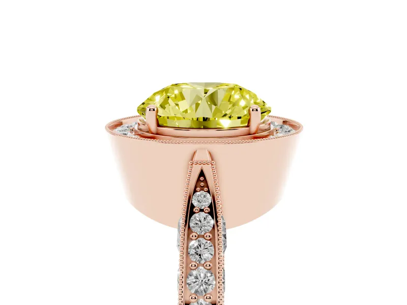 Round Milgrain Halo Engagement Ring Setting for a Fancy Yellow Lab-Grown Diamond | Side Stones | Rose Gold
