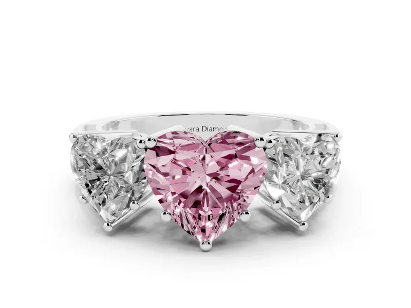 Fancy Pink Heart Cut Diamond Three-Stone Ring Set in White gold with Textured Band