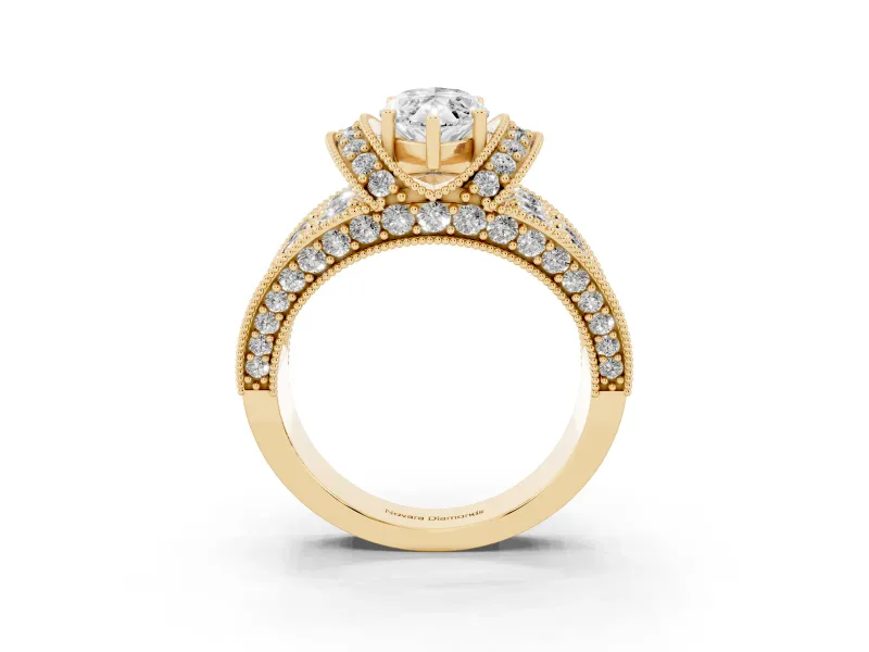 Marquise Vintage Milgrain Pave Engagement Ring Setting | Crescent Side Rows | Yellow Gold