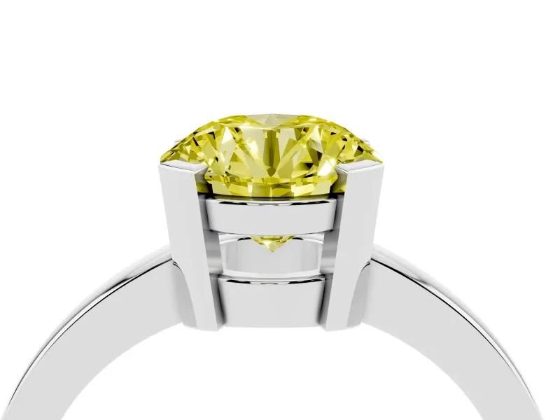 Fancy Yellow Round Cut Diamond Solitaire Ring Set in Platinum with Prong Head and Smooth Polished Band
