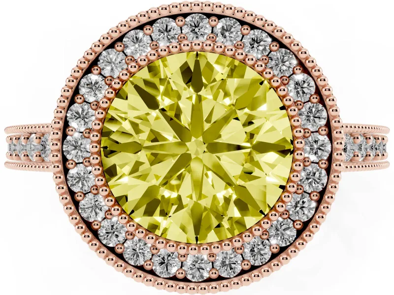 Round Milgrain Halo Engagement Ring Setting for a Fancy Yellow Lab-Grown Diamond | Pave Band | Rose Gold