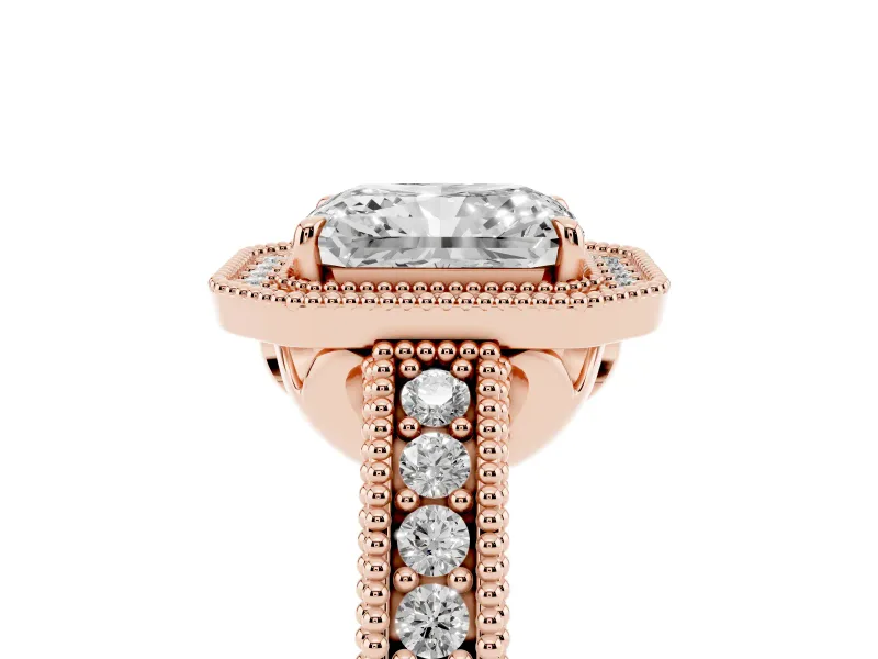 Radiant Cut Vintage Milgrain Halo Engagement Ring Setting | Carved Leaf Detail | Rose Gold