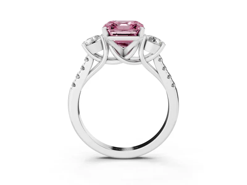 Fancy Pink Three-Stone Asscher Cut Diamond Pavé Band Ring Set in Platinum with Prong-Set Trio