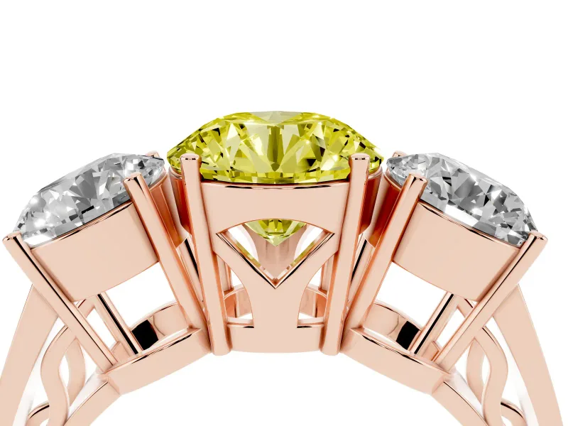 Round Engagement Ring Setting for a Fancy Yellow Lab-Grown Diamond | Three Stone | Rose Gold