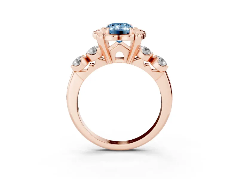 Emerald Cut Floral Engagement Ring Setting for a Fancy Blue Lab-Grown Diamond | Petal Frame and Side Stones | Rose Gold