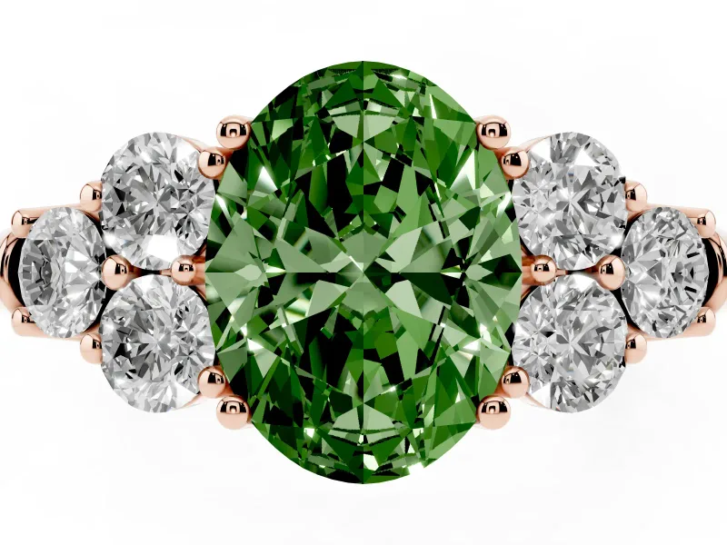 Fancy Green Oval Cut Diamond Cluster Ring Set in Rose gold with Round Accent Stones and Prong Setting on a Plain Band