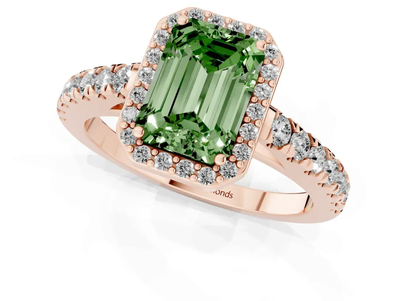 Emerald Cut Halo Pavé Engagement Ring Setting for a Fancy Green Lab-Grown Diamond | Rose Gold
