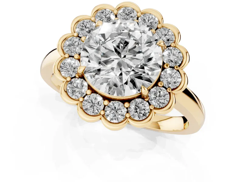Round Scalloped Cluster Halo Engagement Ring Setting | Plain Band | Yellow Gold