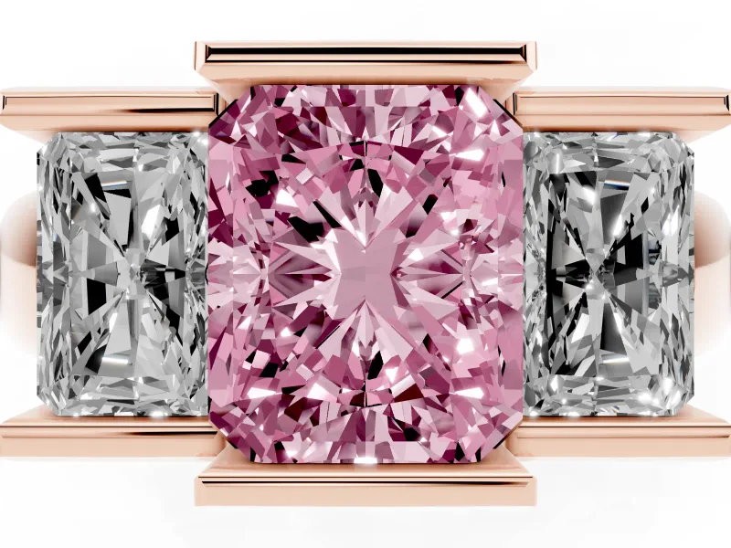 Radiant Cut Channel-Set Three Stone Engagement Ring Setting for a Fancy Pink Lab-Grown Diamond | Rose Gold