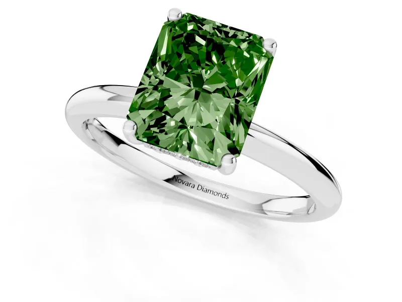Fancy Green Radiant Cut Diamond Solitaire Engagement Ring Set in Platinum with Prong Setting and Polished Band