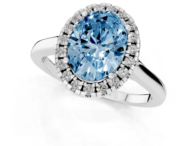 Fancy Blue Oval Cut Halo Round Diamond Solitaire Ring Set in White gold with Pavé Band and Prong Setting