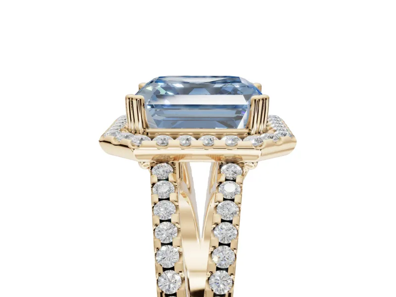Asscher Cut Halo Split Shank Engagement Ring Setting for a Fancy Blue Lab-Grown Diamond | Pavé Shoulders | Yellow Gold