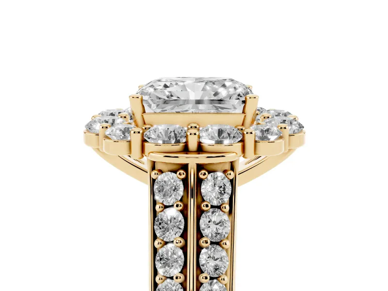 Radiant Cut Diamond Halo Engagement Ring Set in Yellow gold with Split Shank and Prong Setting