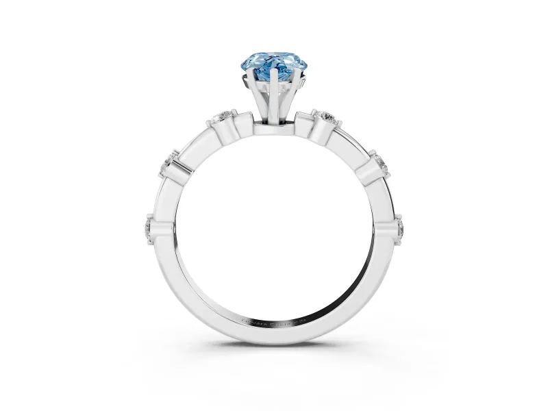 Fancy Blue Pear Cut Diamond Solitaire Ring Set in Platinum with Bezel Set Side Stones and Prong Setting