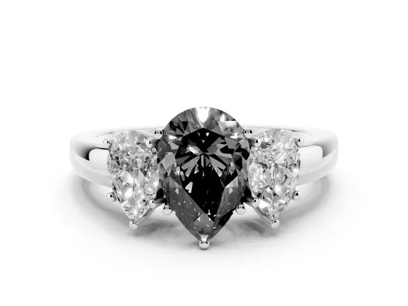 Fancy Black Pear Cut Diamond Three-Stone Ring Set in Platinum with Bold Center and Classic Band