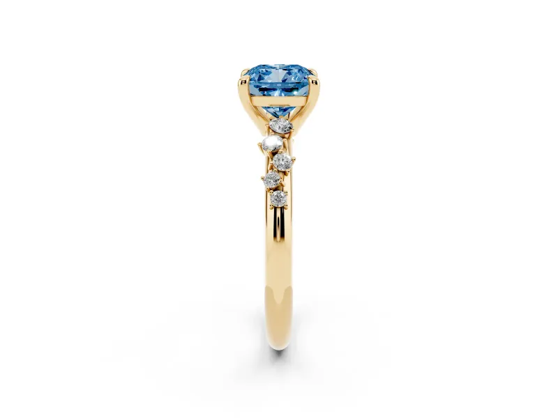 Fancy Blue Cushion Cut Diamond Solitaire Vine Band Ring Set in Yellow gold with Round Accents and Prong Setting