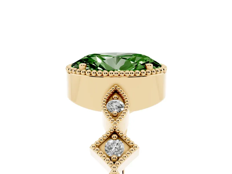 Fancy Green Oval Cut Diamond Milgrain Marquise Twist Band Ring Set in Yellow gold with Prong Setting