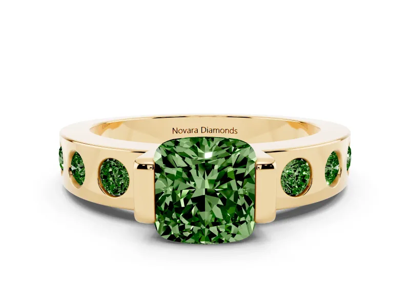 Fancy Green Cushion Cut Diamond Channel-Set Band Ring Set in Yellow gold with Bezel Prong Setting
