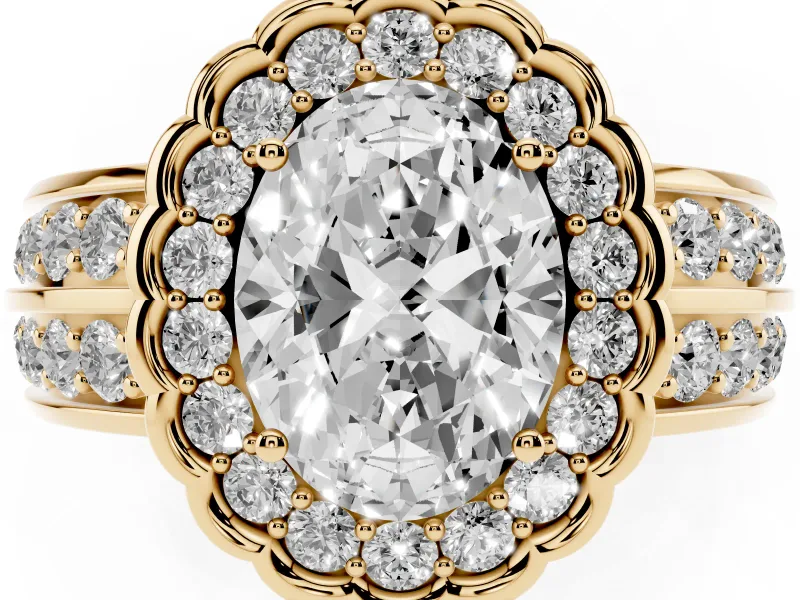 Oval Cut Diamond Scalloped Halo Ring Set in Yellow gold with Pavé Split Shank
