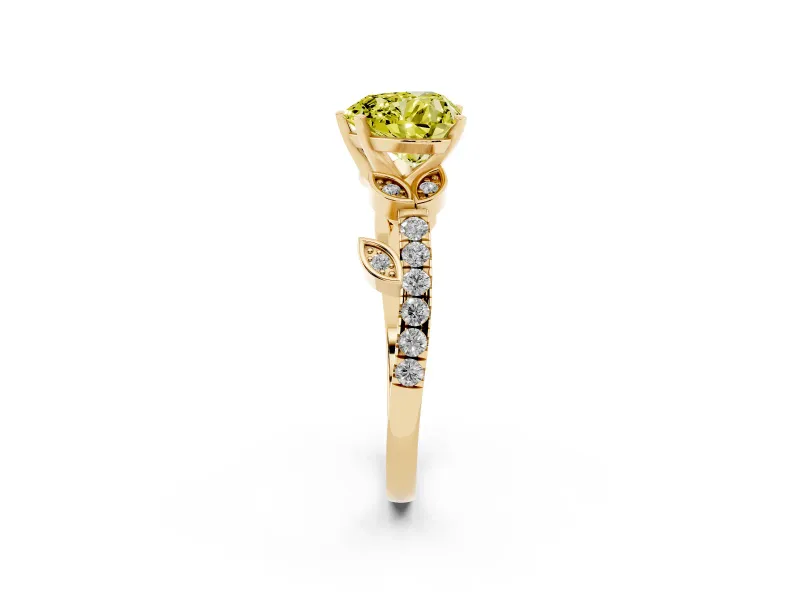 Fancy Yellow Heart Cut Diamond Solitaire Leaf-Inspired Ring Set in Yellow gold with Pavé Band and Prong Setting