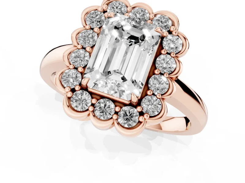 Emerald Cut Scalloped Cluster Halo Engagement Ring Setting | Plain Band | Rose Gold