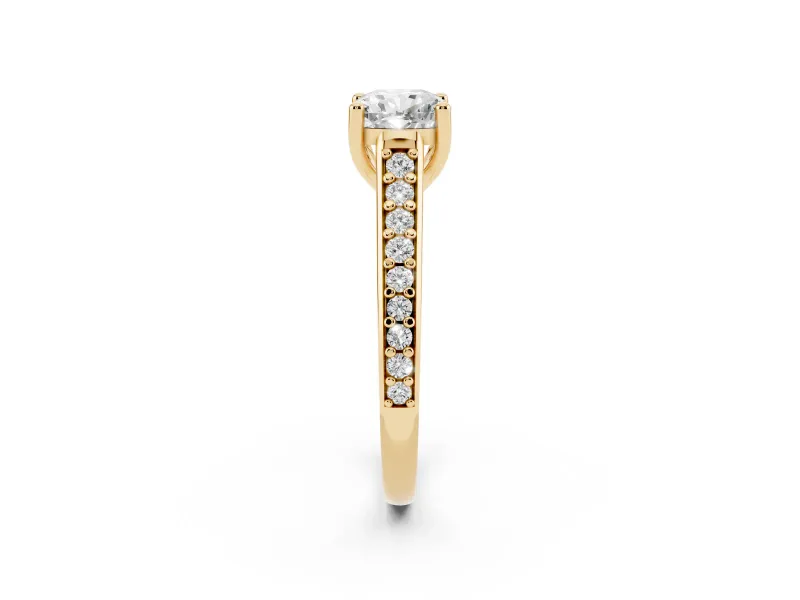 Cushion Cut Graduated Pave Cathedral Engagement Ring Setting | Scroll Cut-Outs | Yellow Gold